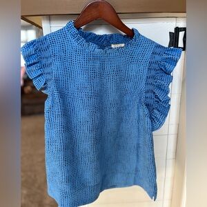 JODIFL Blouse Blue Dot size small high neck ruffle. 1482